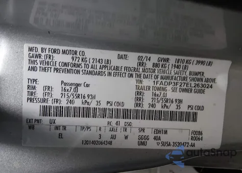 2014 Ford Focus Se from USA, damaged, VIN 1FADP3F27EL263024